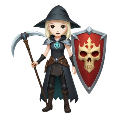 Necromancer girl with scythe and shield, in front of a dead mage sticker