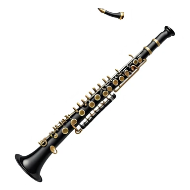 Create an elegant and detailed emoji representing a clarinet. The design should feature the sleek, black wood finish of the clarinet with its shiny metal keys clearly visible. Highlight the intricate details, such as the bell at the end and the carefully crafted mouthpiece with the reed. Use black wood tones for the body of the instrument and silver or brass accents for the keys. Add subtle musical notes or soundwaves floating around the instrument to evoke the smooth, melodic sound of the clarinet. The background should be transparent. sticker