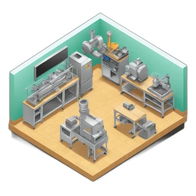 isometric square transparent solid outline border containing indoor creative workshop handmade factory 3 people actively working cnc machine tools vacuum simple clean industrial sticker