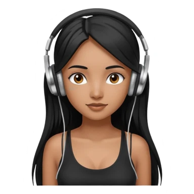 a fair INDIAN girl with straight black long hair, wearing a black cami top. and wearing silver  headphones on sticker