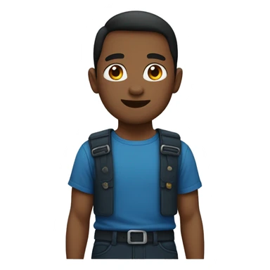 Boy with a blue shrit and dark pants and bradis sticker