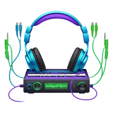Create a creative and technical emoji that represents sound design. The design should feature a soundwave, a pair of studio headphones, and an audio synthesizer or soundboard to symbolize the manipulation and creation of unique soundscapes. Add subtle elements like audio cables, a mixing console, or a waveform to reflect the technical aspect of sound design. Use vibrant, futuristic colors like neon blue, purple, and green to represent innovation and creativity in sound. The background should be transparent. sticker
