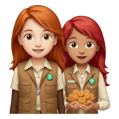 happy white girl scout with red long hair selling cookies with a brown Girl Scout vest and white shirt under vest. She should be around 10 years old sticker