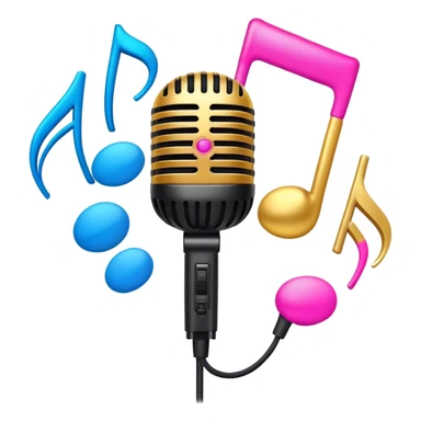 Create a vibrant and energetic emoji that represents pop or stage vocal performance. The design should feature a microphone, a set of musical notes, and a spotlight or stage lighting to symbolize the performance aspect of pop singing. Add elements like studio headphones, a music mixer, or a soundboard to reflect the modern, studio-based nature of pop vocal performance. Use bright colors like neon pink, electric blue, and gold to convey energy, creativity, and the glamour of the stage. The background should be transparent. sticker