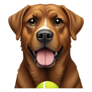 Mainly Brown, with a little white on the chest, Rottweiler Retriever mix holding a tennis ball sticker