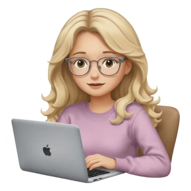 blonde girl with long dark blonde wavy hair, pantos-style glasses, a brown sweater, sitting with a laptop, looking in laptop, soft pastel, upper body shot sticker