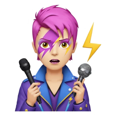 male rockstar emoji character inspired by David Bowie, short pink hair, lightning bolt face paint, yellow emoji skin, dark lipstick, purple and blue jacket, holding a microphone, white background sticker