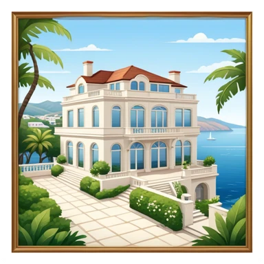 A mansion by the sea, with large windows, a spacious terrace overlooking the water, and a traditional or modern architectural style. The house is typically white or light-colored, with a luxurious and elegant design. Surrounded by beautiful greenery and a calm, scenic view of the coastline sticker