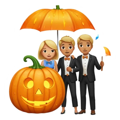 Make a guy hugging a giant pumpkin with a fork in his right hand while there's fire while there's a lady watching while it's raining while there's an umbrella on the ground that's alive and the sun has a bow tie on his neck sticker