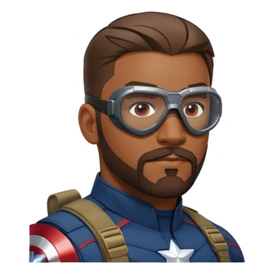 sam wilson with very short, close to the scalp and  a well-groomed beard that connects to his mustache,  wear sleek, red-tinted tactical goggles fit snugly from captain america: civil war sticker