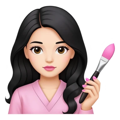 Pink Nail Tech with black long hair holding small acrylic brush sticker