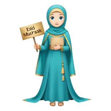 Turkish beautiful finish Konya girl blue eyes with gold hijab and islamic long tailed turquoise dress on the ground and had on her hand text Eid Mubarak  sticker