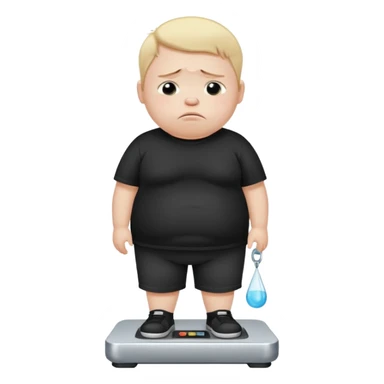 sad fat young boy in black t shirt on weight scale crying with tears on his cheeks sticker