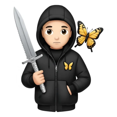 A gangster with a hoodie and a puffer holding a butterfly knife sticker