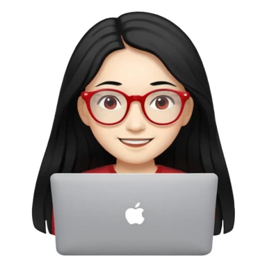 filipino long hair black fair skin with red eyeglasses freelancer with MacBook, smiling. sticker