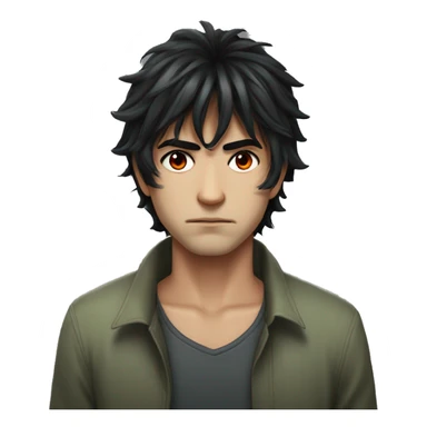 A man with messy black hair, long bangs covering his red right eye, and a gray-green left eye. His neutral expression, with a slight frown, gives off a serious, mysterious vibe. Full-body anime style, 8k realism sticker