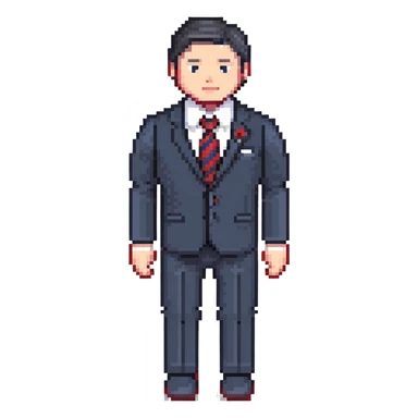 man wearing a dark blue-gray business suit with black horizontal stripes on the arms and legs, white shirt and red tie sticker