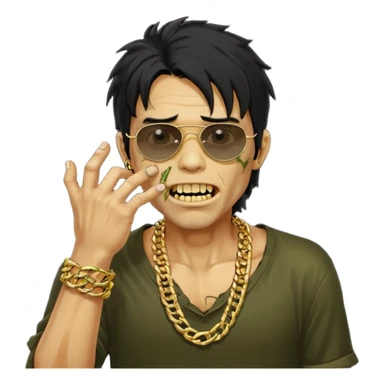 cabelo liso desordenado negro homen con aparencia de zombi y que haga un gesto mostrando los dientes de oro que se agarre la boca con la mano y que sea color piel, ponle unas gafas brasileñas, una camisa negra y que tenga cadenas de oro sticker