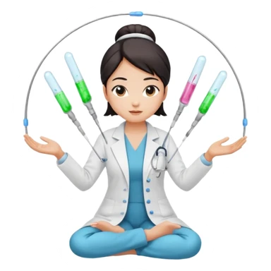 emoji of an asian woman with a single bun in a white lab coat sitting cross legged with micropipettes levitating in an arc around her head, the tips should be pointing away from her and she should not be wearing a steth escope sticker