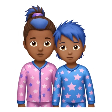 4 year old brown spikey haired boy with blue pajamas with stars on them and a 1 year old brown haired pony tail girl with pink pajamas, and stars on them sticker