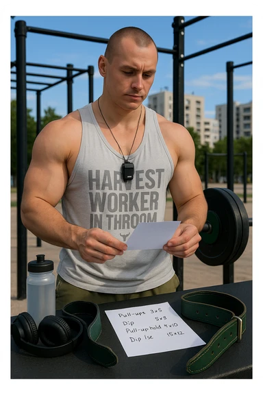 un uomo prepara con cura il suo set di pesi e la cintura per streetlifting, controllando una lista di esercizi e ripetizioni scritta su un foglio. Accanto a lui, una borraccia e delle cuffie. L’espressione è serena e sicura, a sottolineare l’importanza della programmazione per un allenamento efficace. Lo sfondo è un’area fitness urbana, pulita e ben attrezzata. sticker