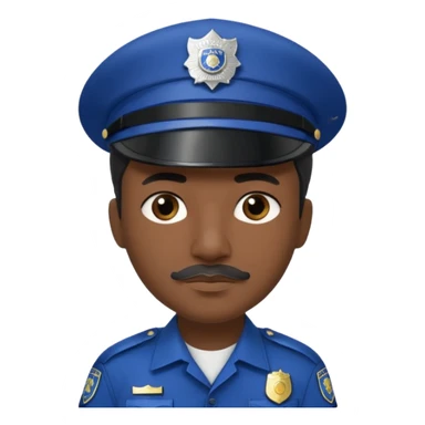 A police officer with dark skin tone, wearing a dark blue police cap with a silver badge in the center, short black hair mostly covered by the cap, large brown eyes, a small black mustache, and a neutral expression. sticker