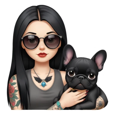girl with long black  straight hair and tattoos and Wearing sunglasses and a black French bulldog sticker