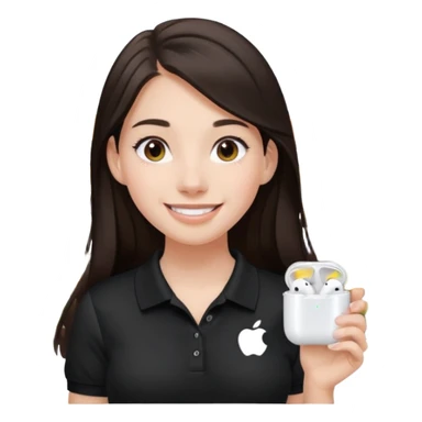 Girl with long dark brown hair with airpods wearing a black wegmans grocery store polo sticker