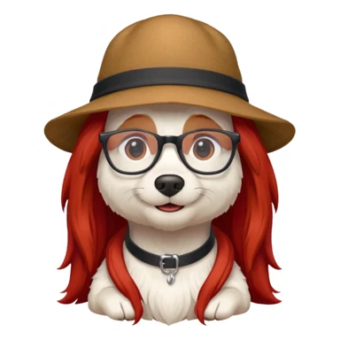 white dog with very red long hair and glassess and hat sticker