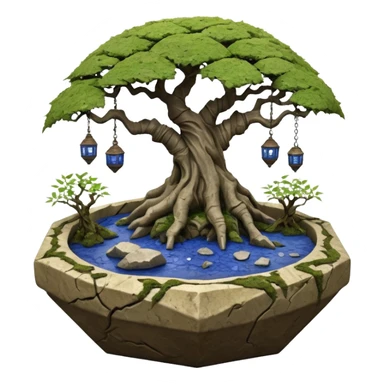 Alien spacecraft hanging-vines landscape mudman very old broken cracked intricate Stone Age rocky-crusted irregular dodecagon-shaped shallow dark moss rough bark blue willow flowered maple tree bonsai pot sticker