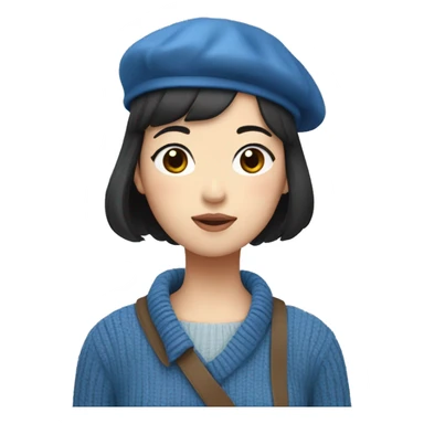 korean girl short black hair sharp jawline, wearing a blue sweater and beret sticker