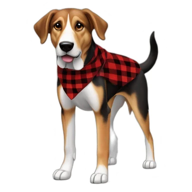 adult 75% Coonhound 25% German Shepherd mix dog with visible tail wearing small pointed red buffalo plaid bandana full body walking left quickly sticker
