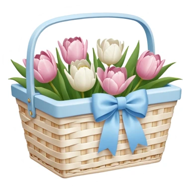 A white Picnic basket with pastel blue bow, white peonie, tulips sticker