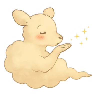 vanilla-colored cloud doe with rosy cheeks, floating gently while blowing a kiss with sparkles, soft ghibli style sticker