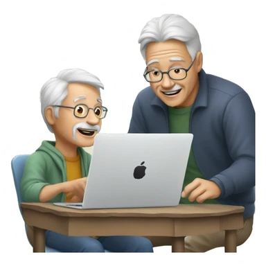 Young guy helping old man to use artificial intelligence on a MacBook  computer sticker