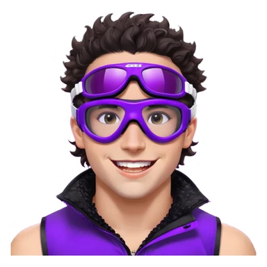 close-up of cool guy male athlete with white skin and moderately curly dark brown hair on top with shaved sides, wearing ski goggles with purple frames and very dark black lenses, winking behind the goggles, with an open mouth confident smile like a cool guy, a simple plain black chain necklace, and a completely unzipped sleeveless vest with purple and black sequin fire pattern design with no logo sticker