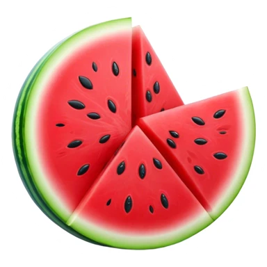 Cinematic juicy watermelon, thick slices revealing vibrant red interior, glossy and glistening with tiny black seeds, fresh and refreshing, soft glowing background, summer vibes. sticker