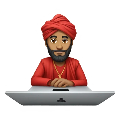 A caliph with turban and red clothes writing in a laptop sticker
