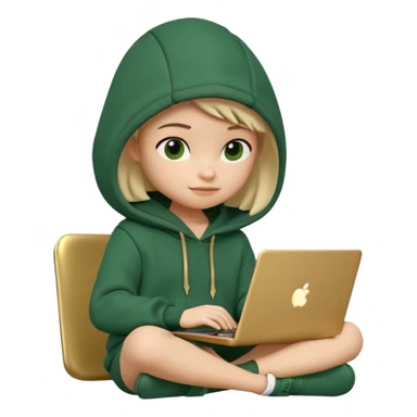 3D clay render character sitting with laptop, rounded cute design, deep green (#0B3D2C) hoodie, cream laptop, gold accents, Pixar style, transparent background sticker