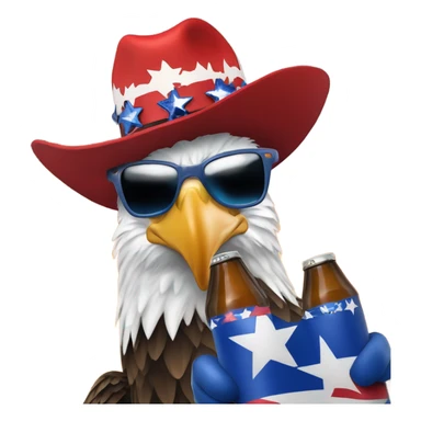 Donald Trump with a red white and blue cowboy hat with an explosion in the background and a bald eagle on his shoulder and he’s holding a beer sticker