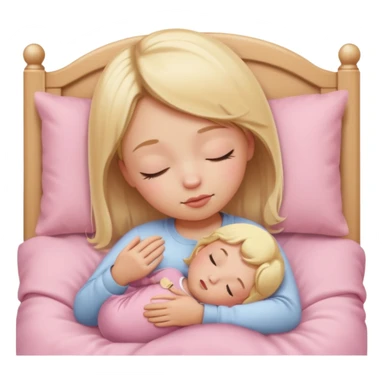 side view of a girl with blonde hair, eyes closed, tucked into a baby pink bed, simple and iconic look, apple emoji style sticker