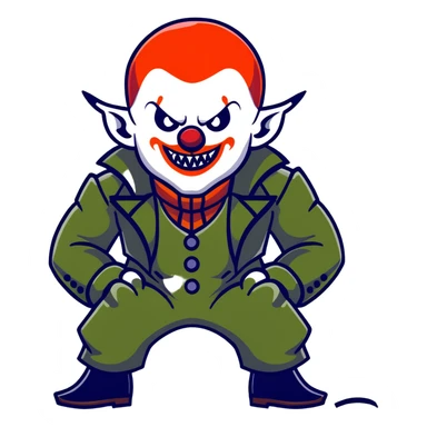 evil clown warrior, bald, small black horns on forehead, fangs, pointed ears, eye patch over one eye, long coat over black and military green leisure suit with bellbottom pants, tail, realistically proportioned, less bulky, full body visible, battle-ready fighting posture sticker