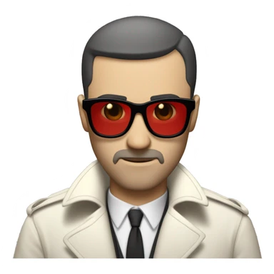 <excerpt>
A white man with real buzz cut Black hair, beard stubble donning small red tinted sun glasses in a dirty white trench coat, is serious.
</excerpt> sticker