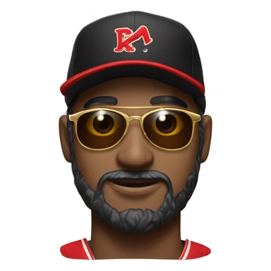 A brown-white man face with red bandana on head under a black baseball cap , sunglass created with gold in eye sticker