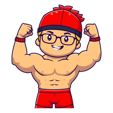 Man with black and white cap, shirtless muscular body, red shorts, clear glasses, messy light blond mullet hairstyle, flexing muscles and smiling sticker