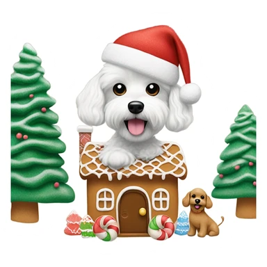 Cute Maltese poodle mix dog wearing Ugg boots and a cute little gingerbread house being decorated from the dog. Dog also needs a Santa hat and one AirPod on. Snow falling behind the dog and also snow covered trees behind  sticker