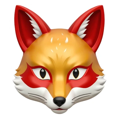 a japanese kitsune fox mask, smooth matte plastic surface, soft gradient lighting, white base with red and gold face markings, small triangular fox ears, calm and mysterious expression sticker