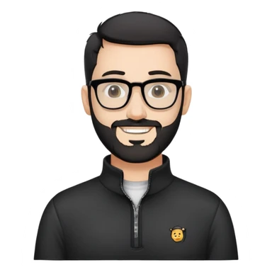 Fair-skinned man with very short buzzed black hair, short distinctly salt and pepper beard, large black-framed glasses, smiling, wearing black long sleeve quarter-zip shirt with visible zipper at collar sticker