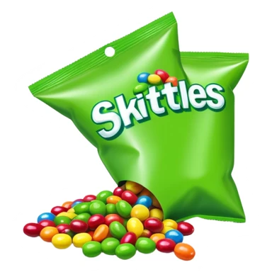 Regular colorful rainbow Skittles candy package spilling only green round candies, standard colorful Skittles packaging with only green Skittles coming out sticker