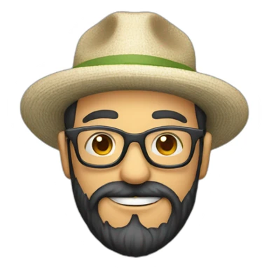 happy gardener face long dark beard and short dark hair with little transparent glasses and a hat sticker